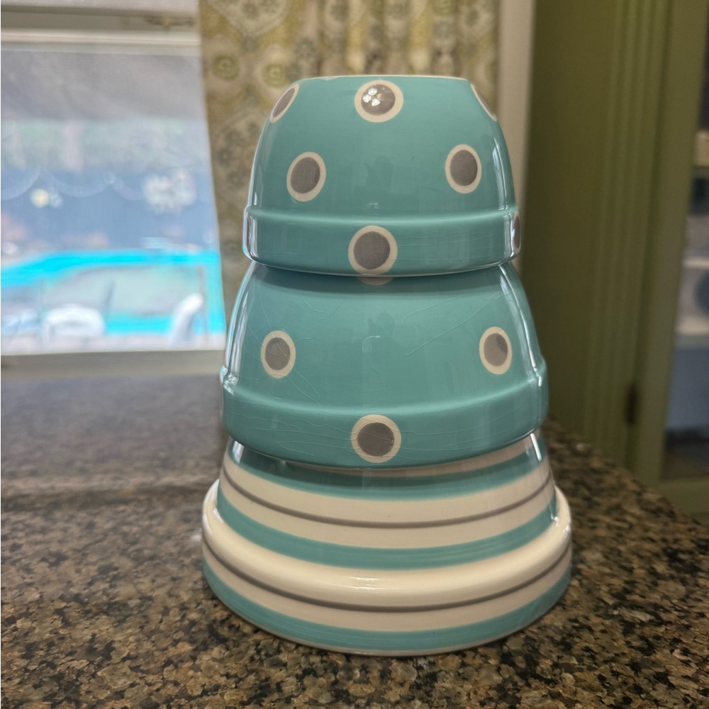 Terramoto Ceramic Nesting Bowls Set Turquoise Polka Dot & Stripe 3-Piece